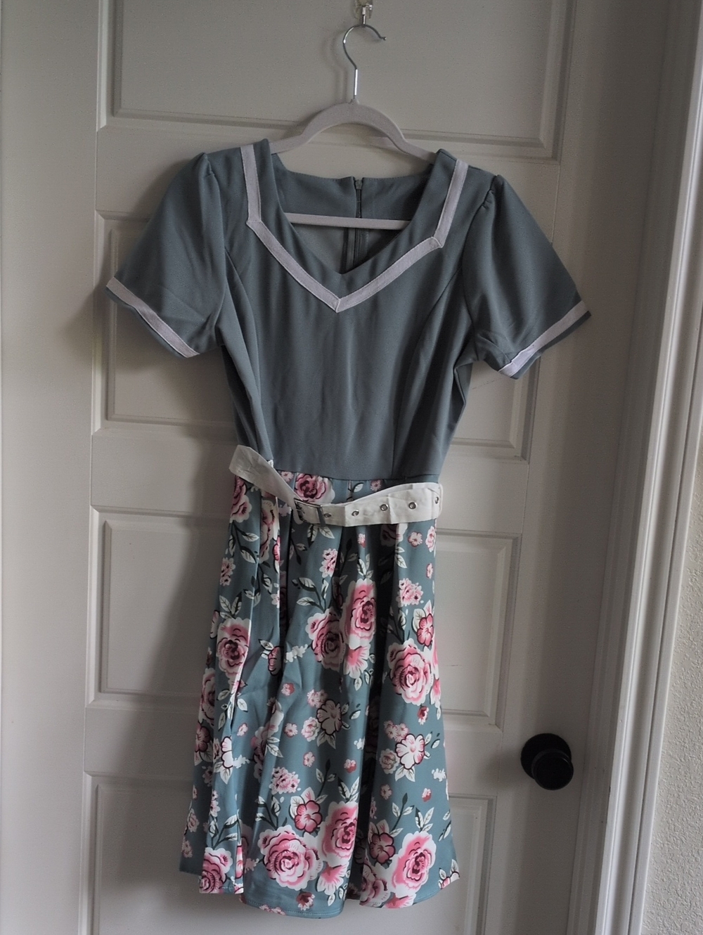 Sage Green Floral Fit-and-Flare Dress with White Trim